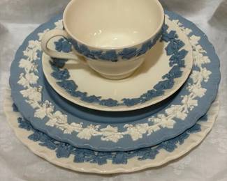 Wedgwood Etruria Blue Cream Embossed Queens Ware Place Setting Tea Cup Plates