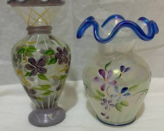 Vintage Fenton Tracy Porter Hand Painted Floral Glass Vase Pair
