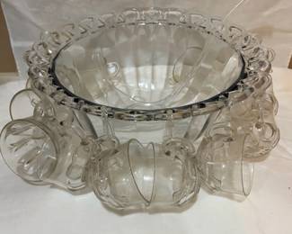 Vintage Clear Glass Punch Bowl Set with 8 Starburst Cups