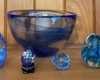 Glass Egg Paperweights Blue Swirl Bowl And Glass Votives