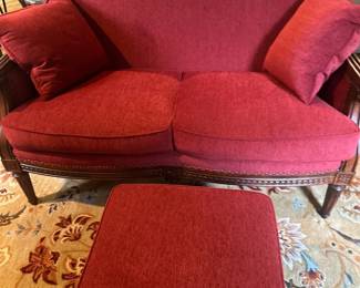 French provincial style red loveseat & ottoman