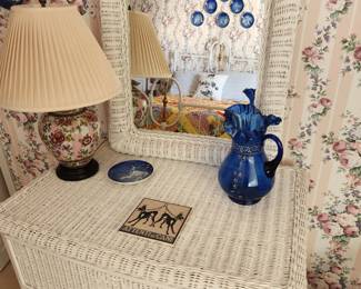 White Wicker Dresser with Wicker Mirror. 'Boho' Aesthetic.