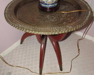 One of two brass & teak end tables