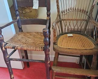several antique high chairs