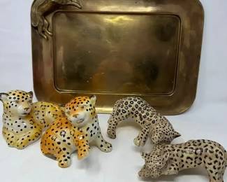 Brass Cheetah Plate  Mottahedah Ceramic Jaguarleopard Cubs  Gibson Leopard shelf Sit