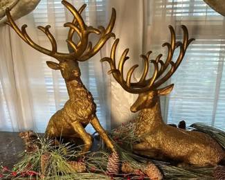 Gold Tone Finished Resin Like Holiday Reindeer With Faux Glistening Pine And Berry Floral Sprays