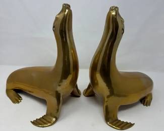 Pair Of Large Solid Brass MidCentury Sea Lions