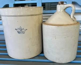 Vintage Four Gallon Stoneware Robinson Ransbottom Crockery And Rustic Stoneware Jug With Cork