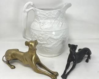 Vintage White Ceramic Hunting Scene With Dog Handle And Two Metal Brass Greyhounds
