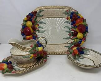 Fitz  Floyd  Venezia Octagonal Serving Platter, Gravy Bowl On Tray And Fruit Bowl