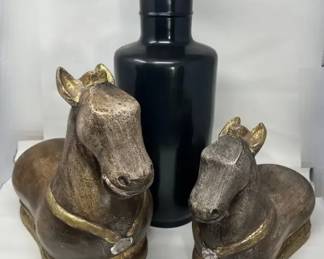 Italian Classic Black Tall Ceramic Vase And Pair Of Sculptural Resting Horses