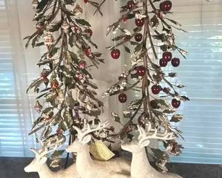 Christmas At Biltmore Jumping Glittered Reindeer And Two Metal Tole Decorated Trees