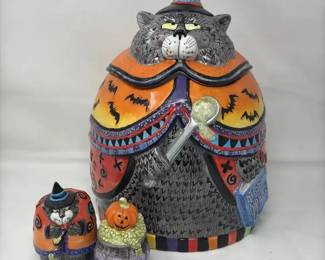 Fitz  Floyd  Kitty Witches Cookie Jar And Salt Shaker  F  F Pumpkin Pepper Shaker