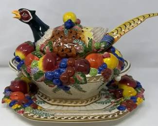 Fitz  Floyd Venezia Autumn Bounty Pheasant Soup Tureen Centerpiece With Large Serving Tray
