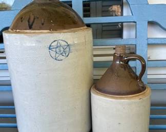 Vintage Five Gallon Star Stoneware Moonshine Jug And Smaller Stoneware Jug With Cork