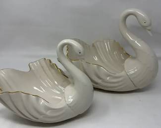 Lenox Set Of Porcelain Swans  Wedding Cardtrinket Holders  24k Gold Trim