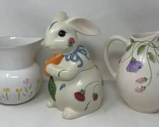 Ceramic Easter Kitchen Lot  Lenox Poppies On Blue Easter Bunny Cookie Jar  Nova Studios Pitcher 