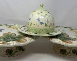 Pair Of Fitz  Floyd Old World Rabbits Pedestal Cake Stand  Tracy Porter Evelyn Covered Cheese Dish