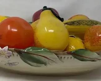 Fitz  Floyd Toulouse Blue Centerpiece Bowl With Glass And Ceramic Fruit