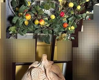 Large Textured Pottery Lemon On Iron Scroll Base With Grapevine Fruit Wreath