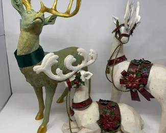 White Glitter Reindeer Pair And Green Reindeer With Gold Accents