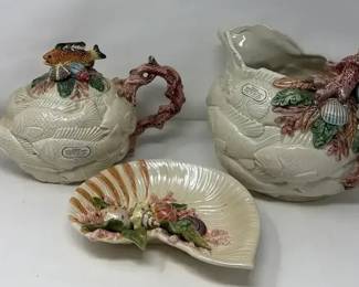 Fitz  Floyd Oceana Porcelain Pitcher  Teapot  Conch Shell Plate