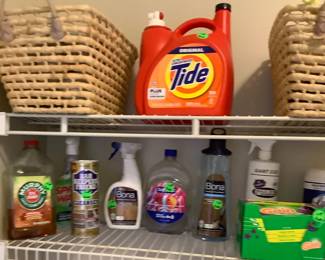 Cleaning items in garage with some baskets.