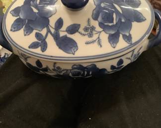 Blue and white bowl with lid.