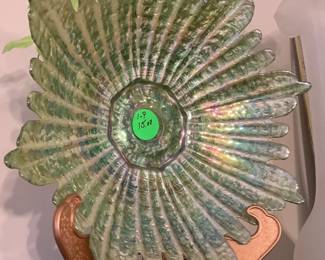 Gorgeous green plate on stand.  Has blue running through it.