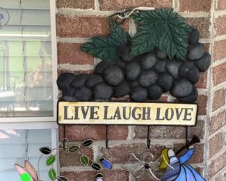 Stain glass Angels, birds, metal dragon fly hooks and grapes.