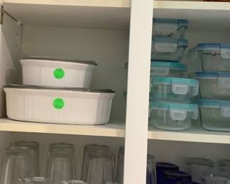 Pyrex, Corning ware,vol bolt blue glasses, glass bowls with snap on lids.