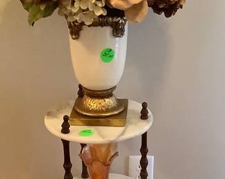 3 tier wood stand with marble, flower arrangement and carnival glass vase.
