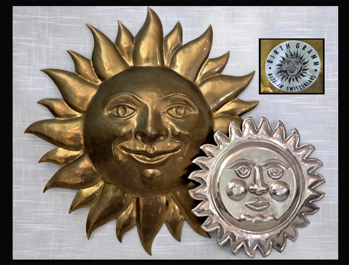2 Metal Sun Faces; Large One marked Birth Gram Made in Switzerland