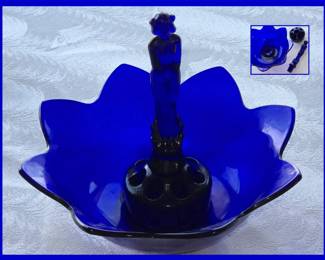 Fenton Cobalt Glass 3 Pc Set; Lotus Bowl, Nymph and Flower Frog 