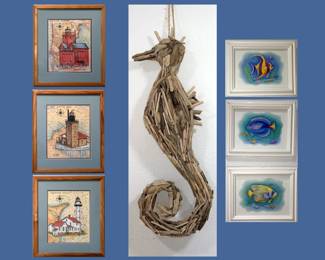 Nautical Prints and Large Driftwood Seahorse