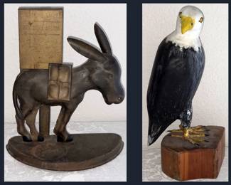 Antique Mechanical Donkey Cigarette Dispenser and Carved Wooden Eagle 