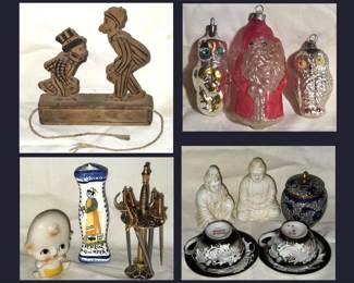 Vintage Mutt and Jeff Wooden Mechanical Toy, Vintage Christmas Ornaments, Kewpie, Quimper, Cloisonne Pot & Dragonware 