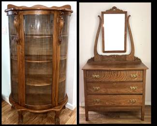 Vintage Bow Front Display Cabinet and Antique Dresser with Mirror