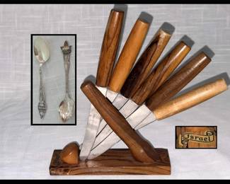 Mid Century Knife Set in Holder Marked Israel and 2 Sterling Spoons