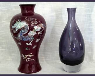 Lacquer Vase w/Inlaid Mother of Pearl and Tarnow? Vase Made In Poland 