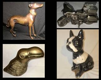 Bronze Borzoi, Brass Toucan, AMF Harley Cigarette Lighter & Chalkware Boston Terrier 