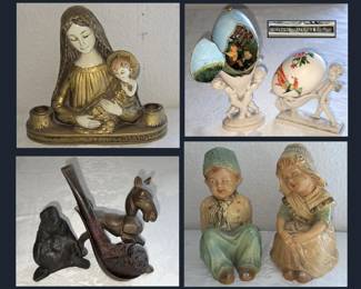 Vintage Madonna & Child Candle Holder, Italian Depose, Vintage Mini Diorama Egg, Brass Donkey Pipe Holder & Chalkware 