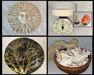 Happy Sunface Sculpture, Cute Scale, Vintage Kitchen Timers, Blk & Gold Art Glass Bowl & Shells 