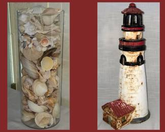 Large Vase of Shells and Tall Vintage Cast Iron  Lighthouse