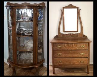 Vintage Bow Front Display Cabinet and Antique Dresser with Mirror