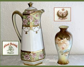 Antique Nippon Chocolate Pot and Antique RS Prussia Vase