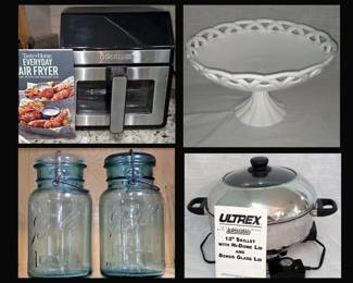 Gourmet Air Fyer, Ball Jars,  Large Milk Glass Compote & Ultra Electric Skillet