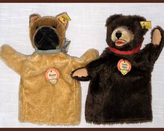 Vintage 50s/60s Steiff Hand Puppets with Original Tags and Ear Tags;  Boxer & Teddy Baby Bear