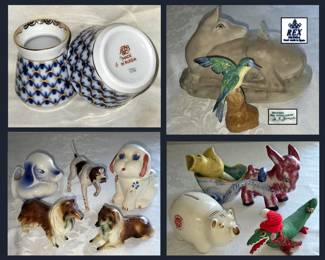 Lomonosov Imperial Porcelain Cobalt Net Small Russian Pcs, Rex Italy Cow, and Lots of Vintage Cute Critters