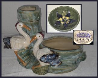 Majolica Bird Planter and Moorcroft Small Bowl
